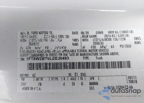 2020 Ford F-250 from USA, damaged, VIN 1FT8W2BT0LEE30493